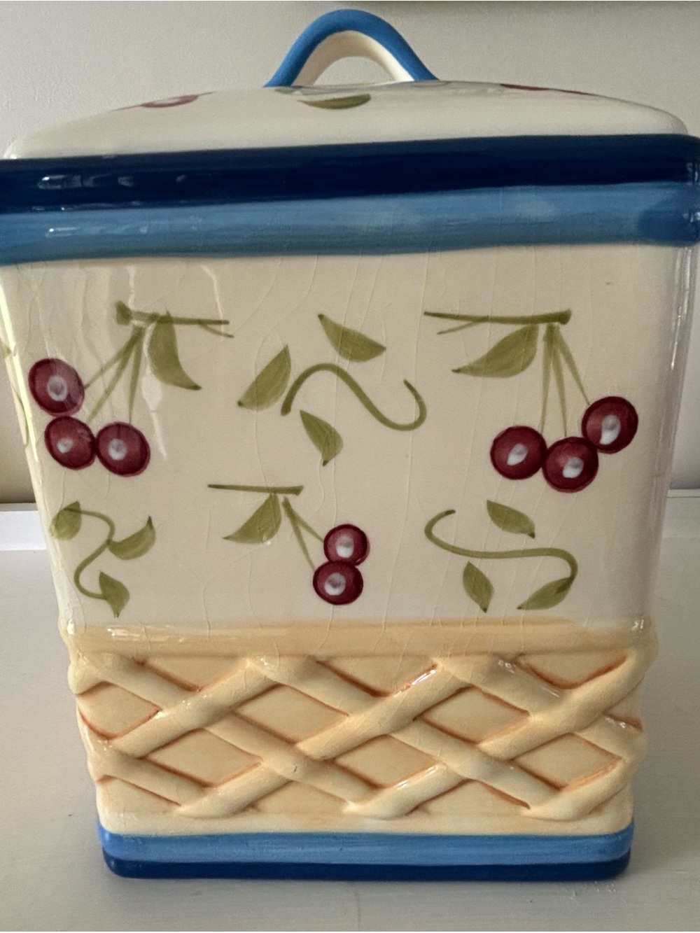 Ceramic Cherry Canister with Blue Trim